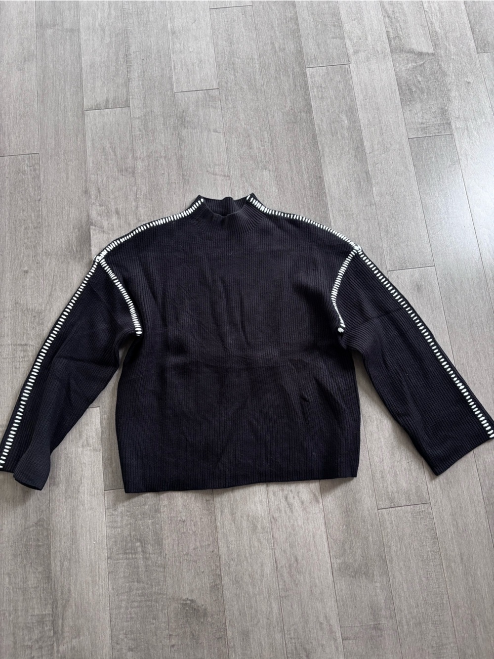 Black Crewneck Sweater with Contrast Stitch Trim - Picture 4 of 7